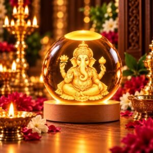 3D Crystal Ball Night Lamp – Engraved Ganesh Ji LED Light, USB-Powered Table Lamp with Wooden Base, Romantic Home & Office Décor, Bedroom, Anniversary, Birthday Gift (Warm White)
