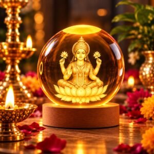 3D Crystal Ball Night Lamp – Engraved Goddess Lakshmi LED Light, USB-Powered Table Lamp with Wooden Base, Elegant Home & Office Décor, Bedroom, Anniversary, Birthday Gift (Warm White)