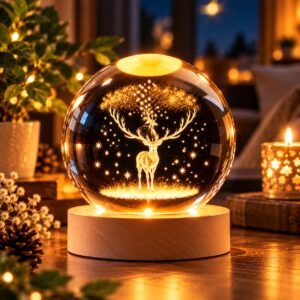 3D Engraved Deer Crystal Globe Lamp | USB LED Night Light with Wooden Base | Creative 6 cm Crystal Ball Table Lamp for Bedroom, Home, Office Décor & Gifting (Warm White)