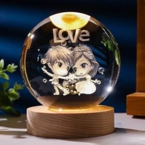 3D Love Crystal Ball Night Lamp with Wooden Base, USB Powered Engraved Glass Ball LED Table Light for Bedroom, Home Decor, Office Desk, Kids Room & Birthday Gift
