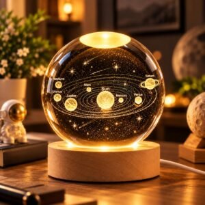 3D Solar Planet Crystal Ball LED Night Lamp, Creative Engraved Night Light Wooden Base, Warm White Decorative Table Lamp for Home, Office, Bedroom, Birthday Gift (Solar Planet)